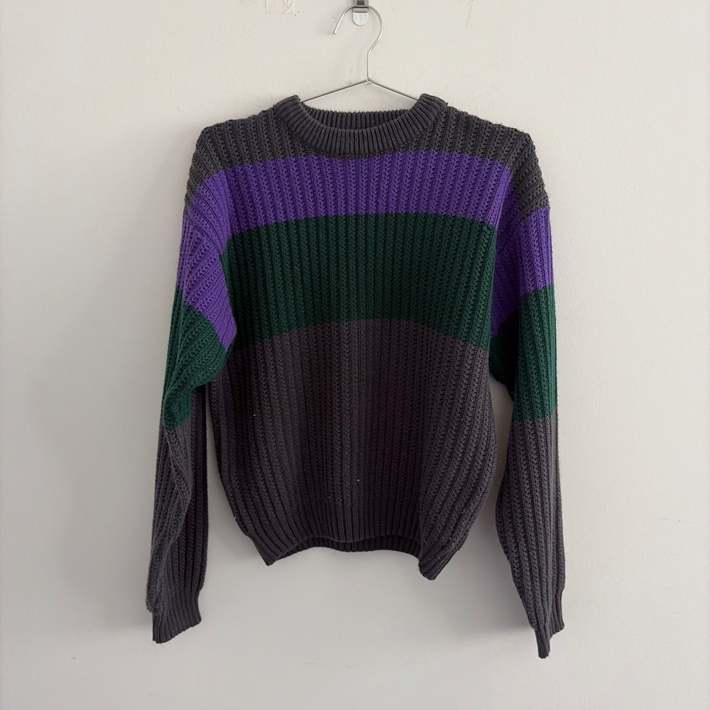 Trend Basics Vintage Striped Knit Sweater XL Grey Purple Green Ribbed Crewneck
